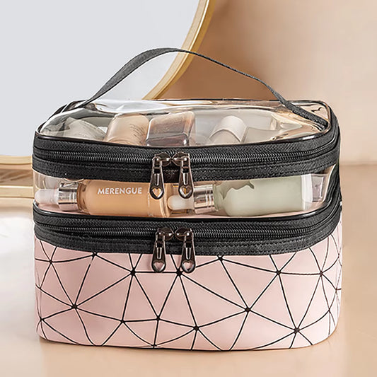Functional Double-Layer Clear Makeup Bag with Wide Opening and Sturdy Handles for Organization of Cosmetics and Toiletries
