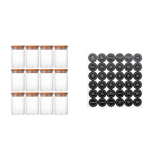 12 Pcs round Spice Jars with Bamboo Lids and Stickers, Glass Storage Jars, Candy Jars, Coffee Jars, Salt Jars, Pepper Jars, Tea Jars