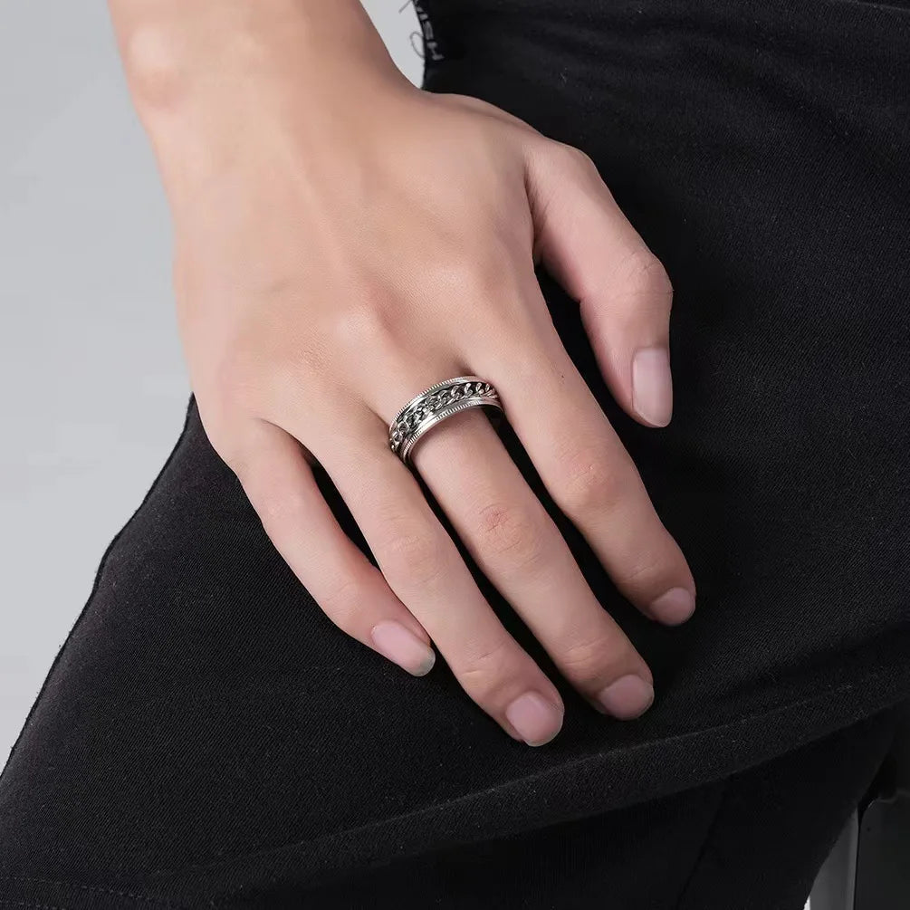 Anxiety Fidget Spinner Rings for Men Stainless Steel Spinning Rotatable Cuban Chain Ring for Women Punk Rock anti Stress Jewelry