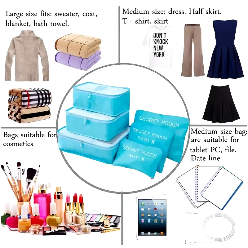 6 Pcs/Set Pink/Blue/Grey Travel Storage Bag Large Capacity Waterproof Luggage Clothing Underwear Storage Bag Bag with Zipper