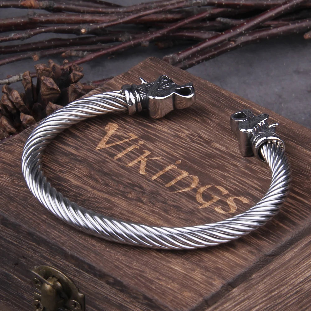 Stainless Steel Nordic Viking Norse Bear Bracelet Adjustable Men Wristband Cuff Bracelets with Viking Wooden Box