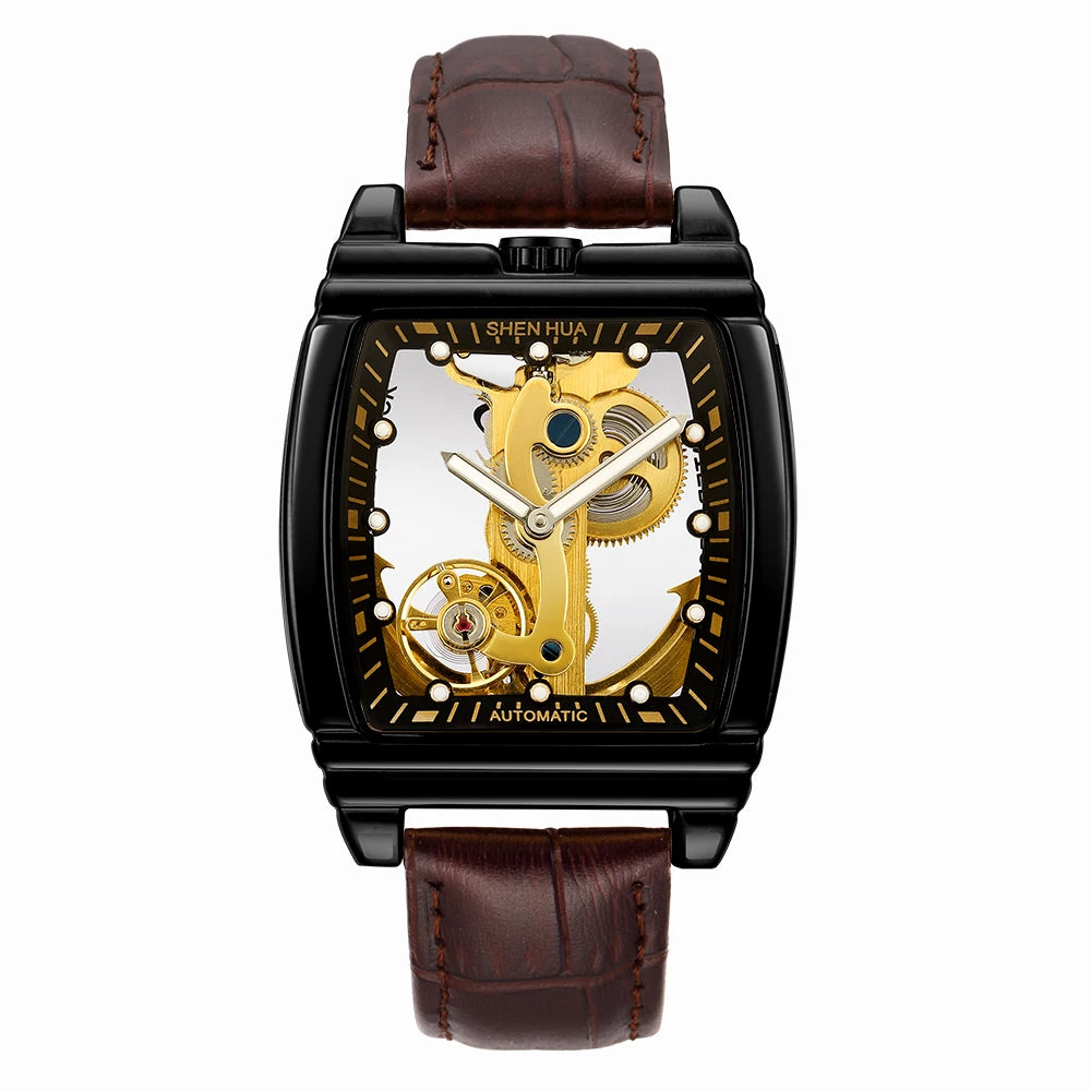 Transparent Automatic Mechanical Watch Men Steampunk Skeleton Luxury Gear Self Winding Leather Mens Clock Watches Montre Homme