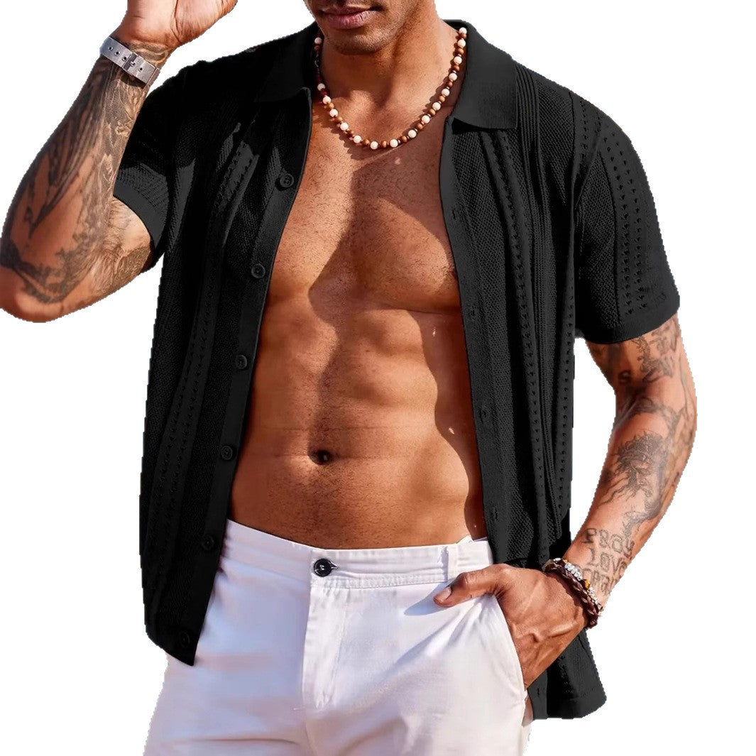 Knitted Cardigan Solid Color Breathable Men'S Short-Sleeved Shirt