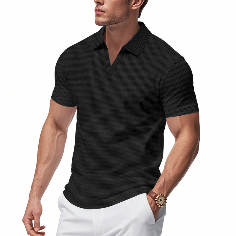 Summer Men'S Loose Leisure Sports V-Neck Waffle Short Sleeve Lapel Polo Shirt Men